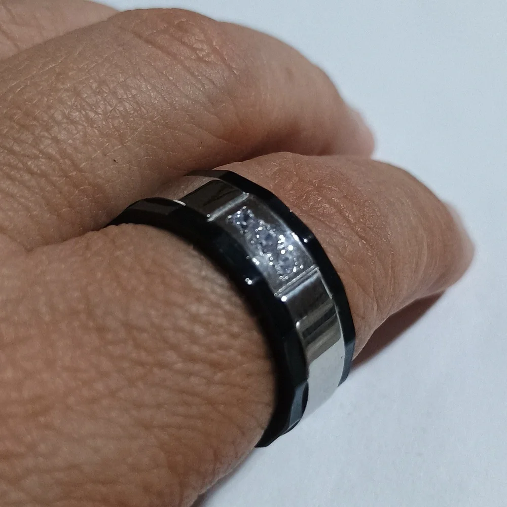Elegant Black and Silver Smart Ring Band Stainless Steel Size 9